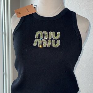 Miu Miu Black Tank Top with Embellished Logo